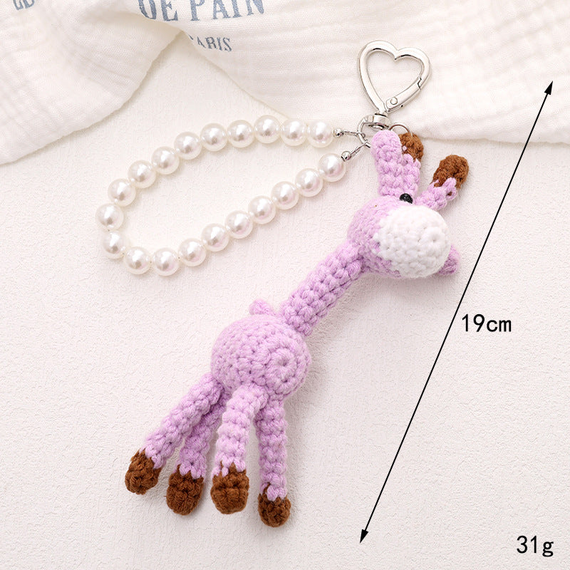 Wholesale Cartoon Cute Plush Crocheted Giraffe Bag Hanging Mobile Phone Pendant Short Key Chain Headphone Shell Pendant for Women